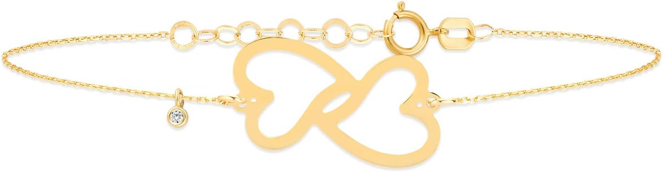 Interlocked Hearts Charm Link Chain Bracelet for Women with Genuine Diamond in 14k Solid Gold