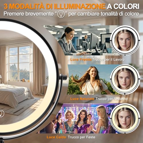MEKOTRIN Makeup Mirror with Lights, Magnifying Mirror 10x 360° Rotation with 3 Coloured Lights Adjustable Brightness, Double-Sided Makeup Mirror for Personal Care and Makeup