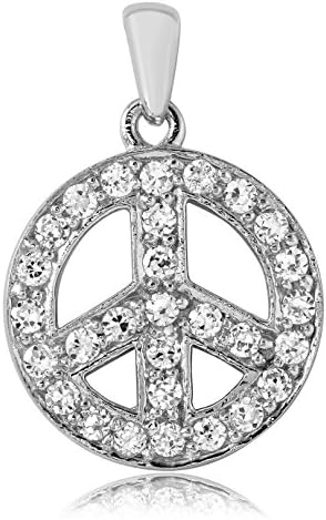15MM .925 Sterling Silver Peace &amp; Love Symbol Pendant with Clear CZ &amp; 18in Chain