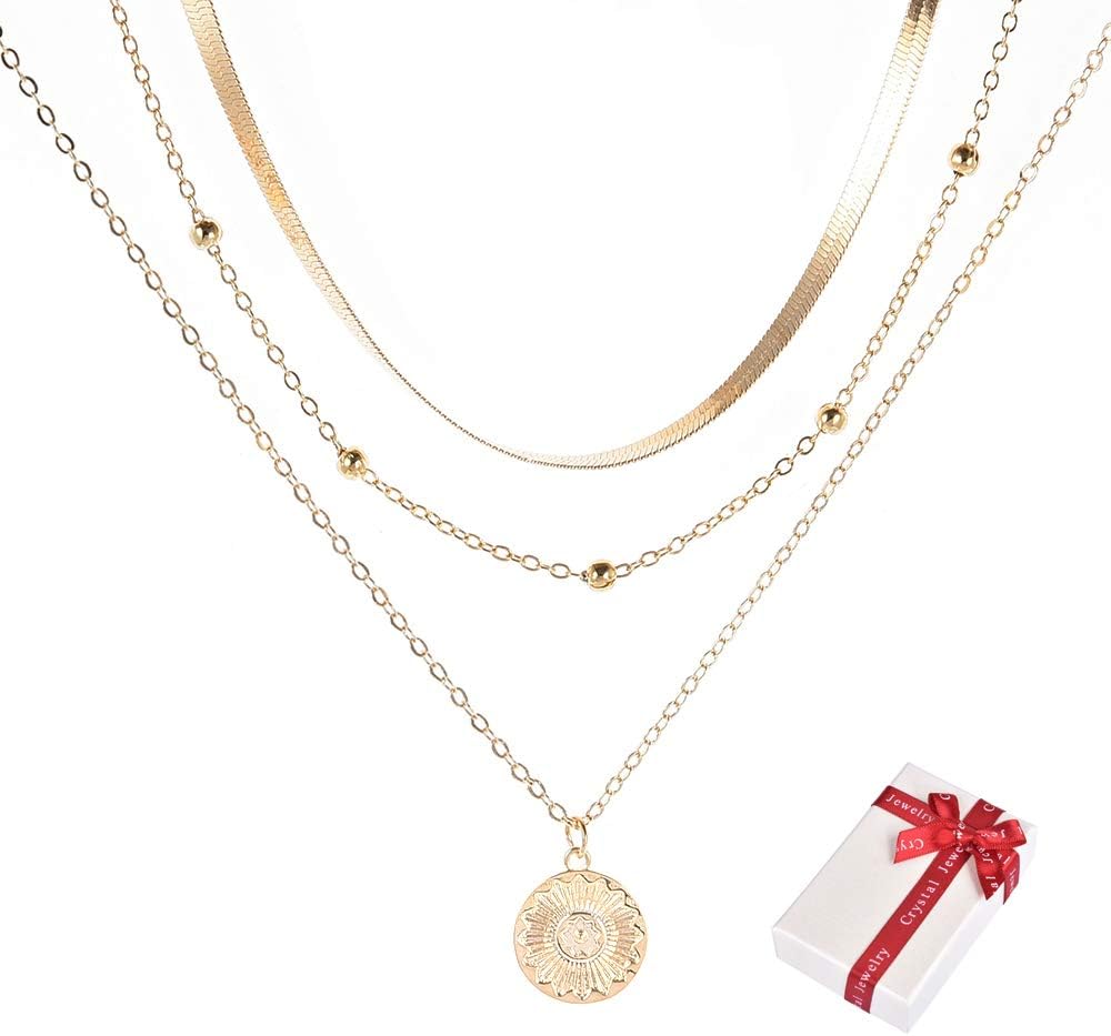 Ceqiny Multi-Layer Choker Necklace Bead Round Coin Necklace Pendant Adjustable Chain Necklace Long Chain Tassels 3-Layer Charm Pendant Choker Friendship Necklace Gift for Women Girls, Gold : Sports & Outdoors