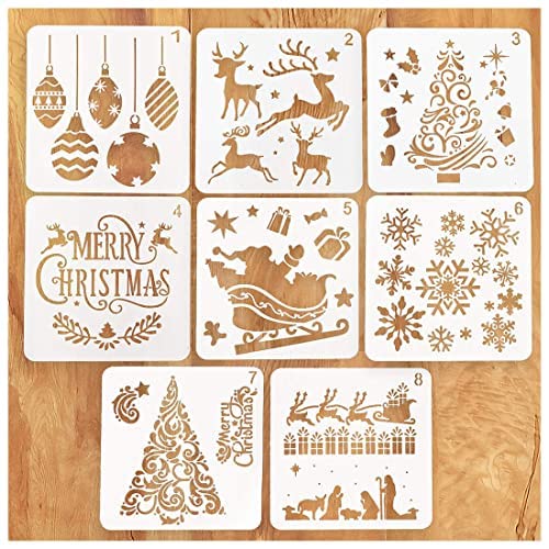 Christmas Stencils for Kids, 8PCS Plastic Reusable Christmas Xmas Templates Stencils for Card Making, Bullet Journal DIY Drawing, Painting Craft Projects, Perfect Children Christmas Gift