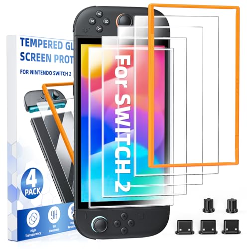 4-Pack Tempered Glass Screen Protector for Nintendo Switch 2 [7.9 inch] 2025, with Alignment Frame, Cleaning Kits, Ultra HD Screen Protector for Switch 2, with Soft Dust Proof Plug Kit for Switch 2