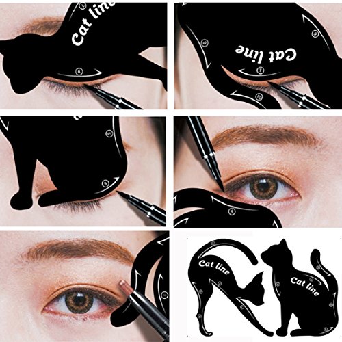 Cat Eyeliner Stencil,2Pcs Smoky Eyeshadow Applicators Template Plate,Professional Multifunction Black Cat Shape Eye liner & Eye Shadow Guide Template