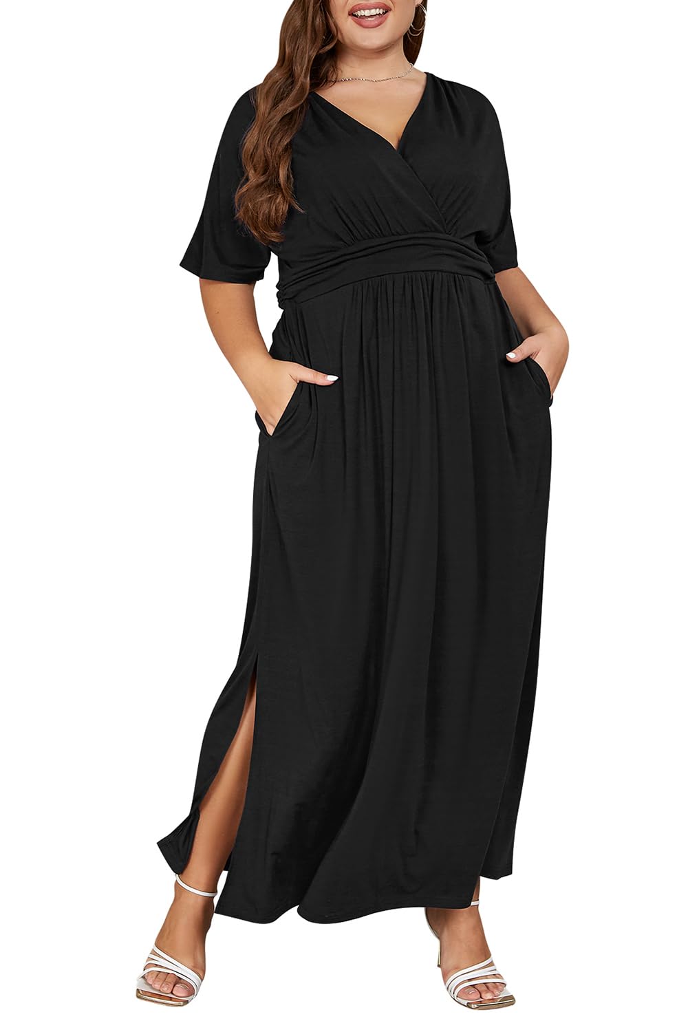 Photo 1 of Keluummi Plus Size Wedding Guest Maxi Dress for Curvy Women, Summer Formal Floral Long Wrap Cocktail Dress with 3/4 Sleeve(20 Plus, 05 - Black)