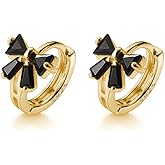 Reffeer Solid 925 Sterling Silver Bow Hoop Earrings Huggie for Women Teen Girls Black CZ Bowknot Hoop Earrings Ribbon Cartilage Huggie