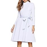 FAD-4U Church Clergy Dress for Women Spring/Autumn Long Sleeve Rows Buttons A Line Dress with Tab Collar and Belt