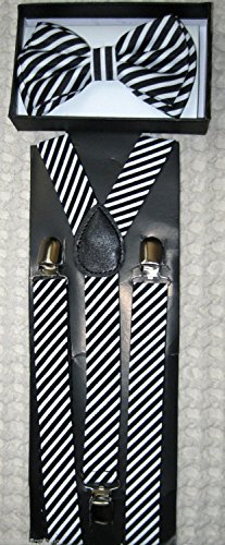 Unisex Fashion Adults Teens Teenagers Black and White Stripes Adjustable All Polyester Silk Bow Tie and Matching Adult Teens Teenagers Black and White Stripes Adjustable Suspenders Combo-new in Factory Pkg!