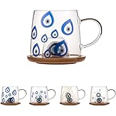 Random blind box Novelty Coffee Mug Borosilicate Glass Water Cup with 3D Silicone Bamboo Lid Cute Cartoon Model Clear Cup Creative Gift for Friends and Family Suit for Juice Tea Milk (Evil Eye)
