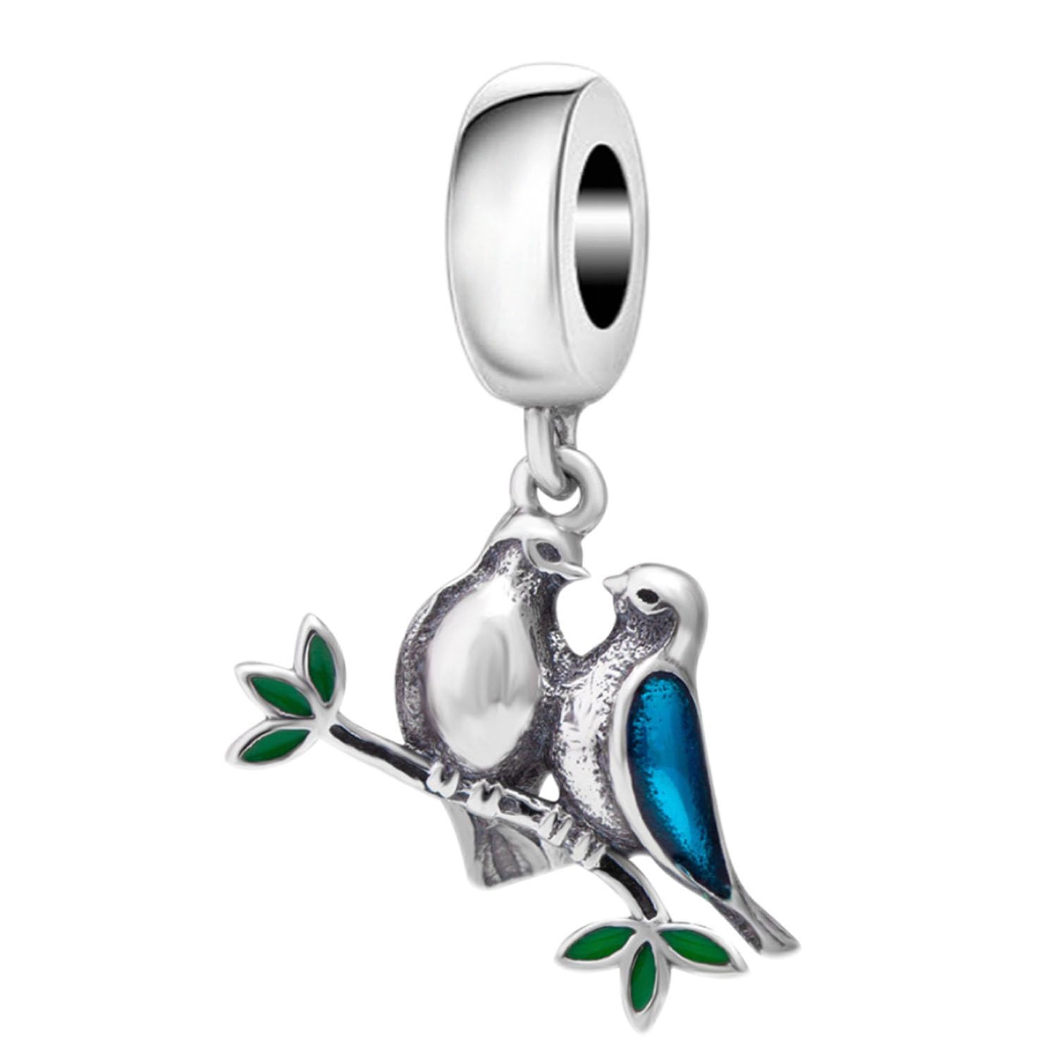 Love Bird Charm 925 Sterling Silver Animal Charm Heart Charm Valentina Charm Anniversary Charm for Pandora Charm Bracelet (A)