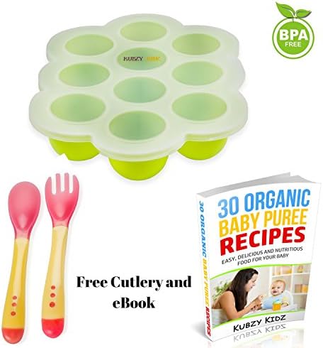 Silicone Baby Food Freezer Storage tray Container by Kubzy, 10 Holes Food Freezer Ice Cube Tray Plus Baby spoon and fork Gift, Free e-Book - BPA Free and FDA approved