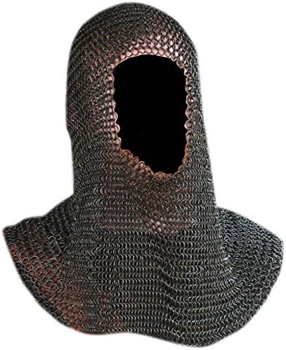 Black Medieval Chainmail Hood coif Butted Round Neck Larp Renaissance Cosplay