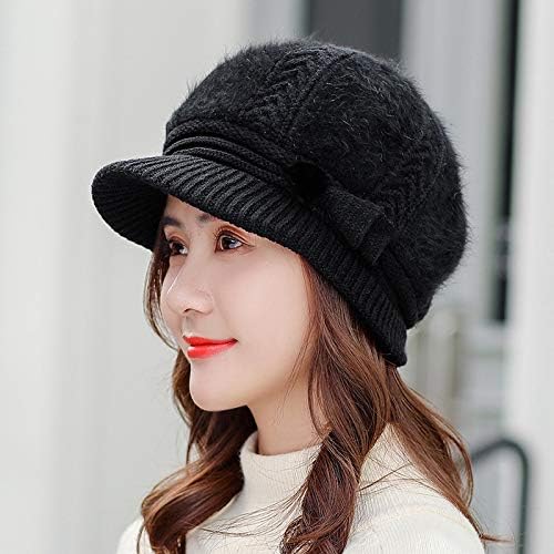 Ladies Duck Tongue Beret Warm Knitted Rabbit Hat Plus Velvet Thickened Earmuffs Black M (56-58cm)