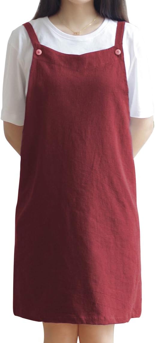 AOBBYBBS Adjustable Kitchen Apron Japan Style Cotton Linen with 2 Pockets Pinafore Apron For Women,Chef,Waitress,Hairstylist Fits for Grill,BBQ,Paint Cross Back H Shoulder Straps (DarkRed)
