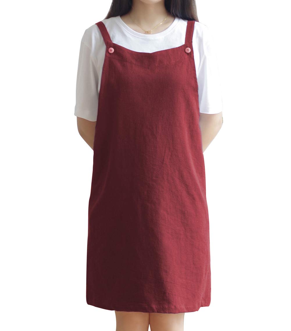 AOBBYBBS Adjustable Kitchen Apron Japan Style Cotton Linen with 2 Pockets Pinafore Apron For Women,Chef,Waitress,Hairstylist Fits for Grill,BBQ,Paint Cross Back H Shoulder Straps (DarkRed)
