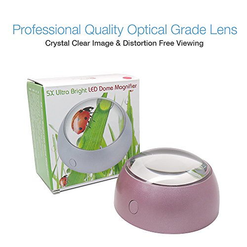 MagniPros 5X Ultra Bright LED Magnifying Glass Dome Magnifier with Cleaning Pouch & 2 Extra Replacement Batteries-Large Viewing Area, Ideal for Reading Small Print, Papperweight, Low Vision(Pink)