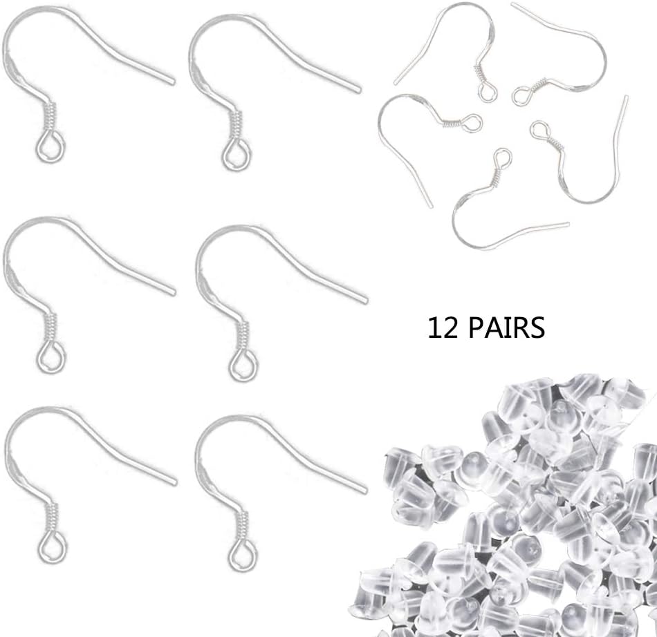 FOGAWA 12 Pairs 925 Sterling Silver Earrings Hooks French Fish Hook Earring Wires with 50 Pairs Earring Backs for DIY Jewelry Making