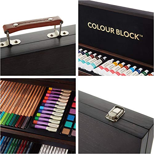 COLOUR BLOCK 181 pc All Media Wooden Case Set with Coloring Card. Quality Drawing, Painting and Coloring Set in Deluxe Gift Box. Great Christmas Gift for The Aspiring Artist.