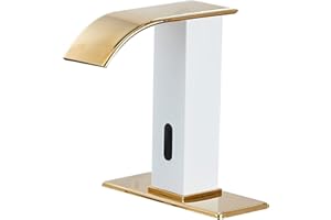 YCCUZA Automatic Touchless Faucet Bathroom White& Gold Waterfall Electronic Motion Sensor Faucet Hands Free Tap with Control Box and Temperature Mixing Valve Lavatory Vanity Sink Faucet AC/DC Power Basin Tap