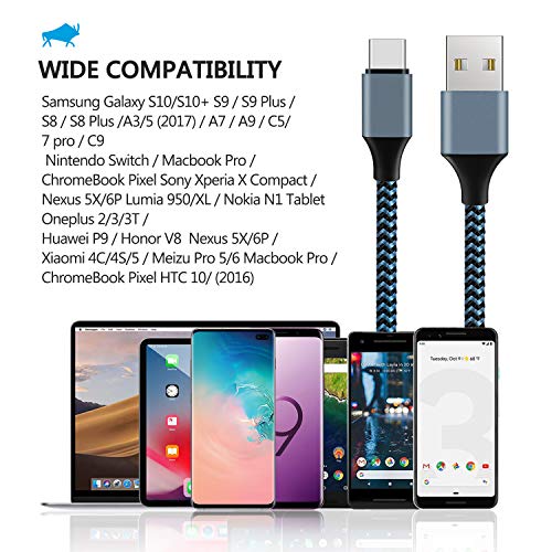 Amoner USB Type C Cable, Braided USB-C to USB-A Charger (3 Pack/3 Ft) with Reversible Connector Compatible with Samsung Galaxy S10 S9 S8 plus Note 9 8, Moto Z, LG V30 V20 G5, USB C Devices (Blackblue)