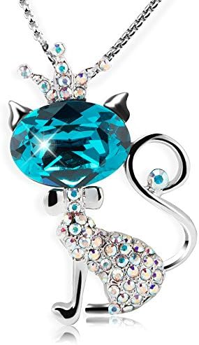 LadyRosian Cat Princess”Cute Fashion Love Necklace Made with Blue Swarovski Crystals Women&amp;Girl Jewelry Gifts
