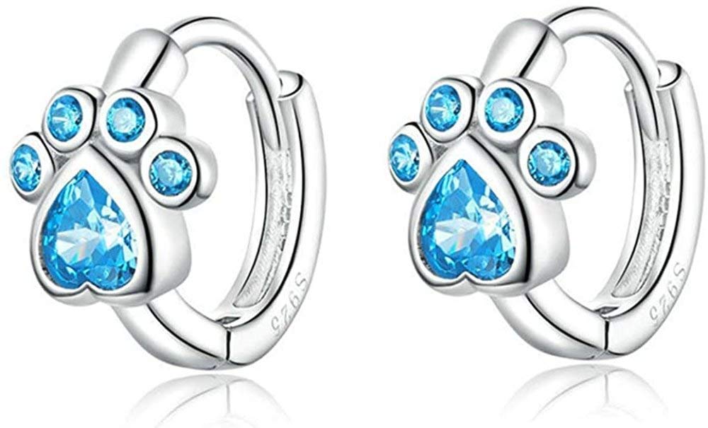 Blue CZ Paw Cute Cat Dog Print S925 Sterling Silver Sleeper Small Hoop for Women Teen Girls Cartilage Senstive Ear Pet Lovers Cute Animal Dainty Huggie Hoops Hypoallergenic Jewelry Gifts Birthday Bff