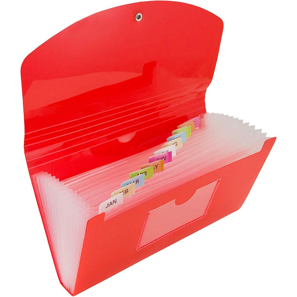 JAM PAPER 13 Pocket Expanding File with Button & String Closure - Accordion Folder - 127 x 266.7 mm - Red - Sold Individually