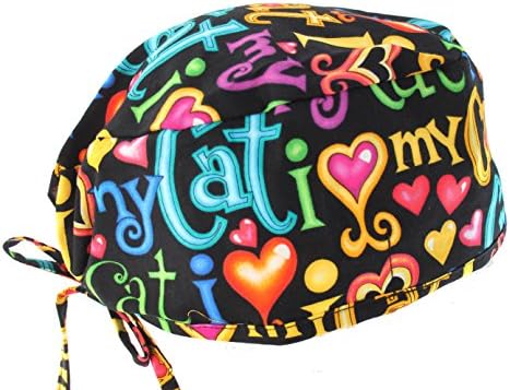 Colorful I Love My Cat 2 Scrub Cap Hat with Adjustable tie Black