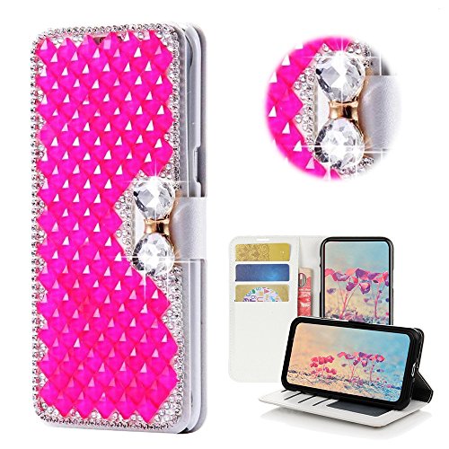 STENES iPod Touch (6th Generation) Case - Stylish - 3D Handmade Bling Crystal Square Lattice Bowknot Wallet Credit Card Slots Fold Media Stand Leather Case for iPod Touch 5/6th Generation - Hot Pink