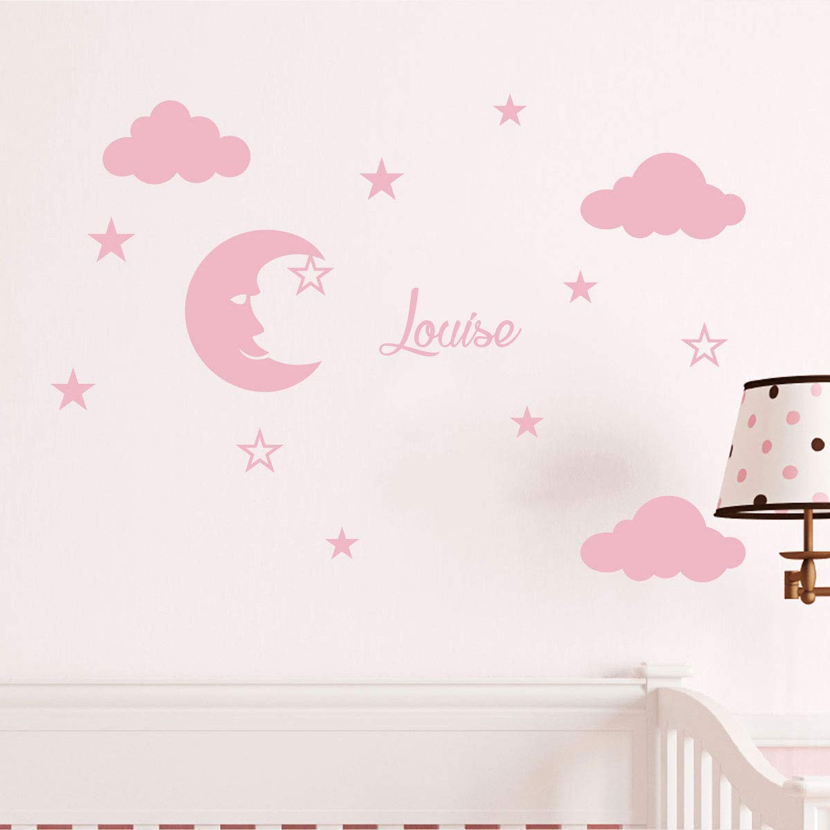 Personalised Name Stickers | Moon and Clouds Wall Sticker - Children's Room Wall Decoration | 2 Sheets of 25 x 30 cm and 40 x 30 cm - Powder Pink