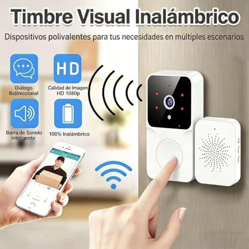 Genérico Videotimbre Inalámbrico WiFi 2,4 GHz con Cámara HD 1080P, Visión Nocturna, Audio Bidireccional, Control Desde App Móvil, Montaje Sencillo Sin Cableado