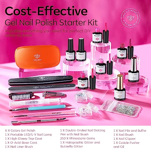 Modelones 20PCS Gel Nail Polish Kit with U V Light Starter kit-6 Colors Hot Pink Rose Red Soak Off Gel Polish Set, Portable Mini LED Lamp, Base Top Coat, All in One Manicure Kit DIY Salon Gift
