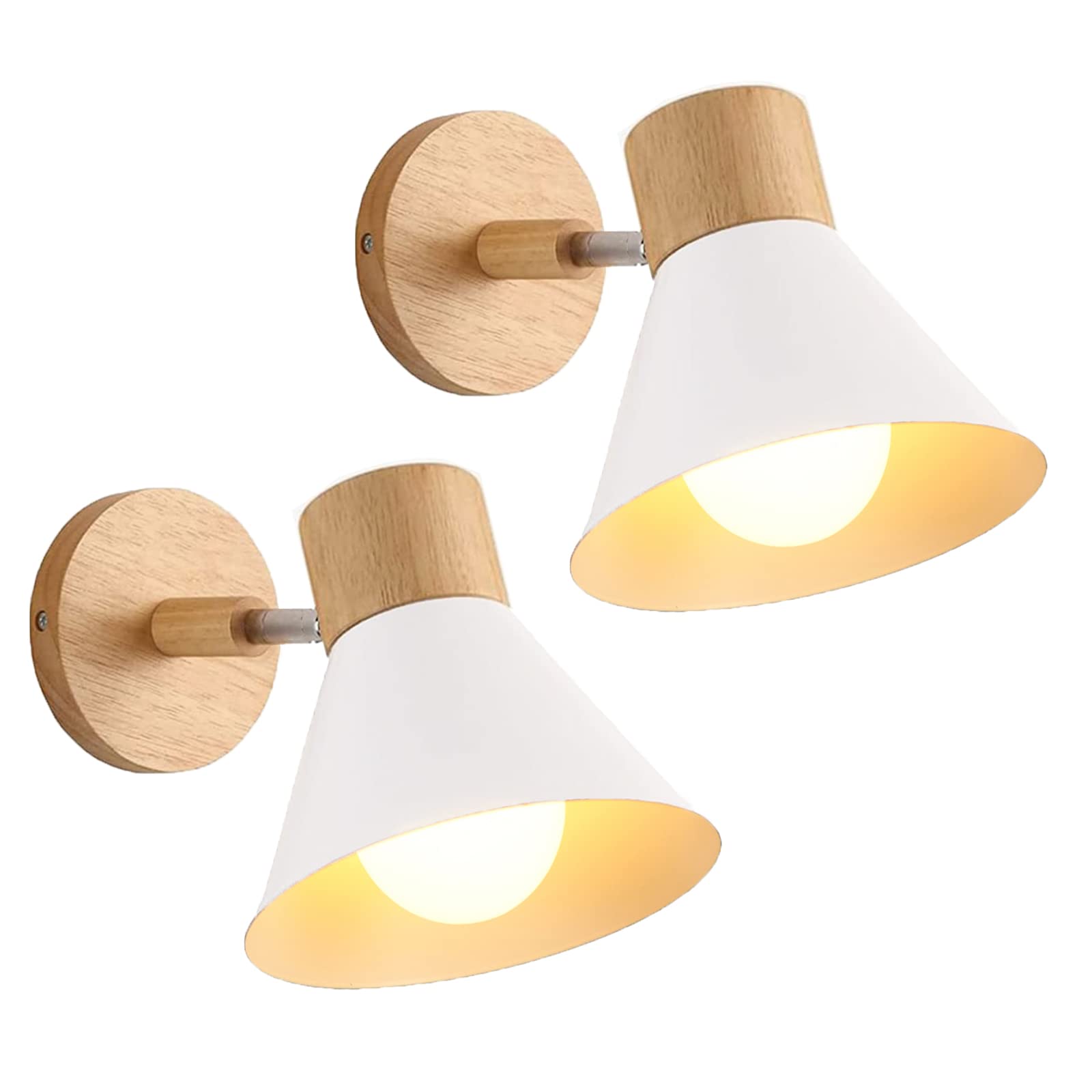 LIGKIN 2PCS Industrial Wall Lamp, Modern Wooden Wall Lights, E27 Rotatable, Ø18cm, White, 2 Count, Indoor, Multiple Rooms