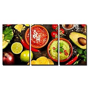 3 Piece Canvas Wall Art - Mexican Food: Tortilla Chips, Guacamole, Salsa, Tequila Shots - Home Art Stretched and Framed Ready to Hang - 16"x24" in