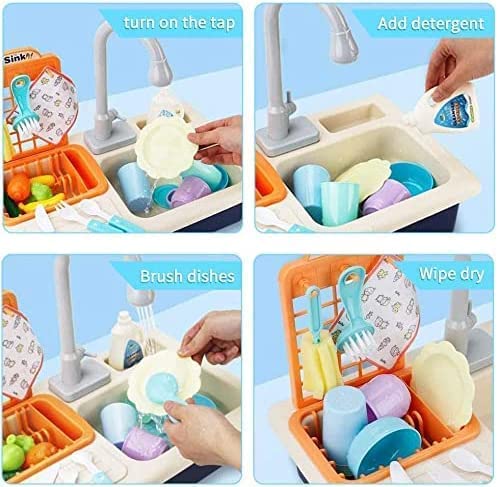 Beauenty Kitchen Sink Toys Water Playset Cooking Stove Play with Running Water House Wash Up Kitchen Sets with Realistic Light Play Dishes Accessories for Girls Boys Kids 3-7 Years Old (Blue)
