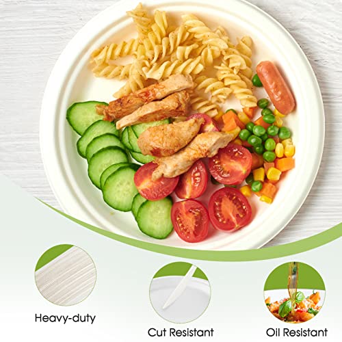 ECOLipak Compostable 10 Inch Heavy Duty Paper Plates, 150 Pack Disposable Biodegradable Eco-friendly Sugarcane Bagasse Plates for Dinner Party(White)