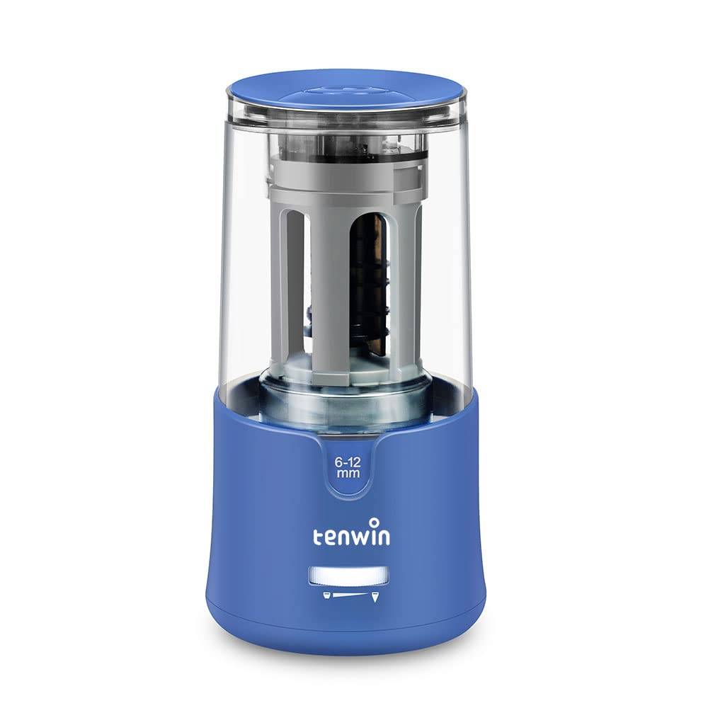 Electric Pencil Sharpener for Coloured Pencils, Portable Electric Sharpener with Container for 6-12mm Pencils, Safety Design Fast Sharpen with Heavy Duty Helical Blade in Office School Home Use (Blue)