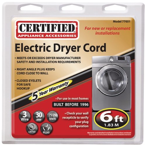 Certified Appliance Accessories 3-Wire Closed-Eyelet 30-Amp Dryer Cord, 6ft