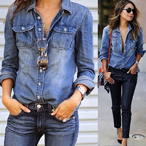 Funic Clearance Deal !Classy Womens Blue Jean Denim Long Sleeve Shirt Tops Blouse Jacket (XL (US 2XL), Blue)