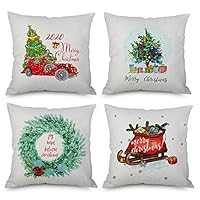 Yonala Christmas Pillow Cover 4 Pack with Christmas Tree and Vintage Red Truck Pattern Cotton Linen Xmas Series HomeDecorative Throw Cushion Cover Square Pillowcase 18 X 18 Inch