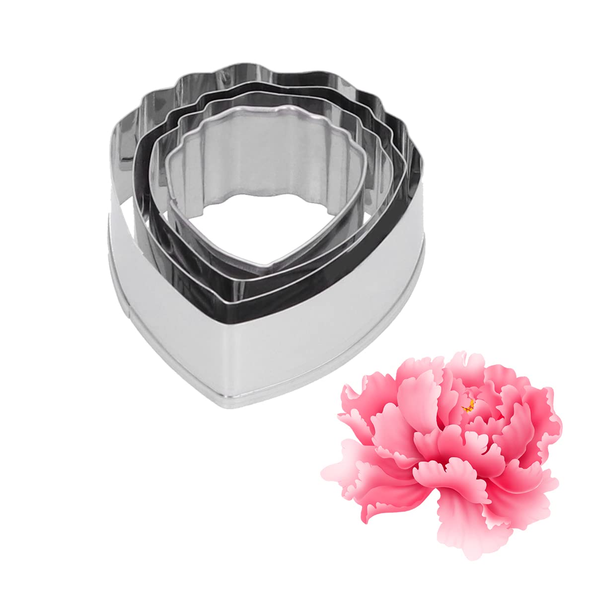 Tissting 4 Pcs Peony Shaped Stainless Steel Pastry Cutter Set for Cake Biscuits and Fondant - Peony Pattern Mold for Easy Operation and Cleaning Ideal for Home Bakers and Kids 12.7 cm/5 Inches