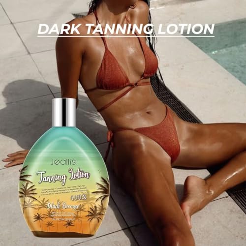 Jeallis Extreme Dark Tanning Lotion Accelerator for Indoor Tanning Beds & Outdoor Sun Tan with Bronzer to Get Dark Fast Tan, Bronzing Tanning Lotion w/Tattoo Protecting Formula, DHA Free, 13.5oz