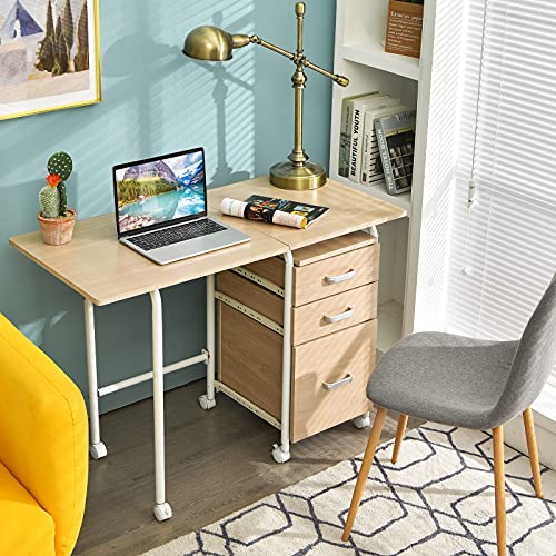 Tangkula Folding Computer Desk with 3 Storage Drawers, Mobile Home
