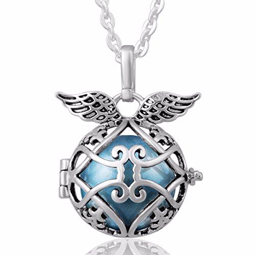 Eudora Harmony Bola Angel Wing Locket Pandent Necklace 18mm Musical Chime Ball & 30'' Chain cornflower blue