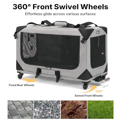 Veehoo Large Pet Carrier with Wheels for 2 Cats, Extra Long 76cm Foldable Rolling Cat Carrier with Removable Divider & Telescopic Handle, Soft-Sided Pet Travel Carrier for 2 Small Dogs, 76× 38× 51 cm
