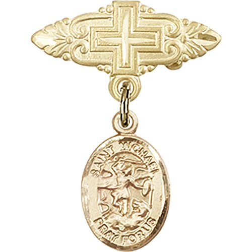Gold Filled Baby Badge with St. Michael the Archangel Charm and Badge Pin with Cross 1 X 3/4 inches