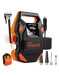 Soyond   Compresor de aire portátil para neumáticos, bomba de inflado digital, calibre de presión preciso, apagado automático para coche, motocicleta, bicicleta, luz LED, DC 12 V máx. 150 PSI (naranja)