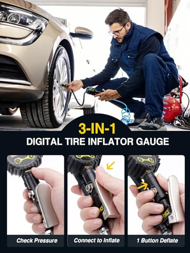 AZUNO Digital Tire Inflator with Pressure Gauge, 200 PSI, Heavy Duty Air Compressor Accessories, w/Rubber Hose Lock on Air Chuck and Quick Connect Coupler (Standard)