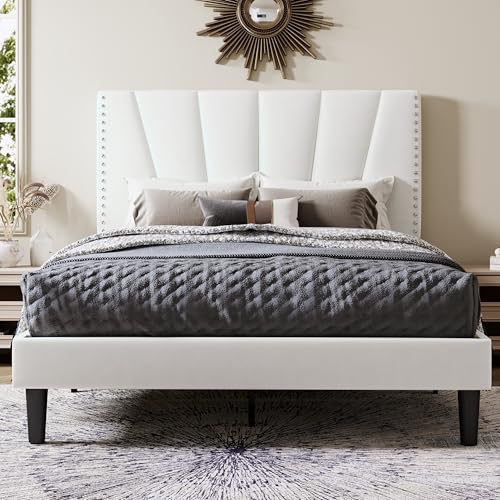 Allewie Full Size Bed Frame with Adjustable Velvet Upholstered Headboard, Rivet…