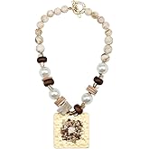 Gold Color Metal Pendant Necklace for Women Stone Simulated Pearl Wood Bead Bold Chunky Statement Fashion Ethnic Jewelry