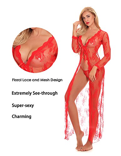 cunlin Women Sexy See Through Lace Gown Kimono Cover Up Sleepwear Set Plus Size Dress Maternity Pregnant Robe Red S